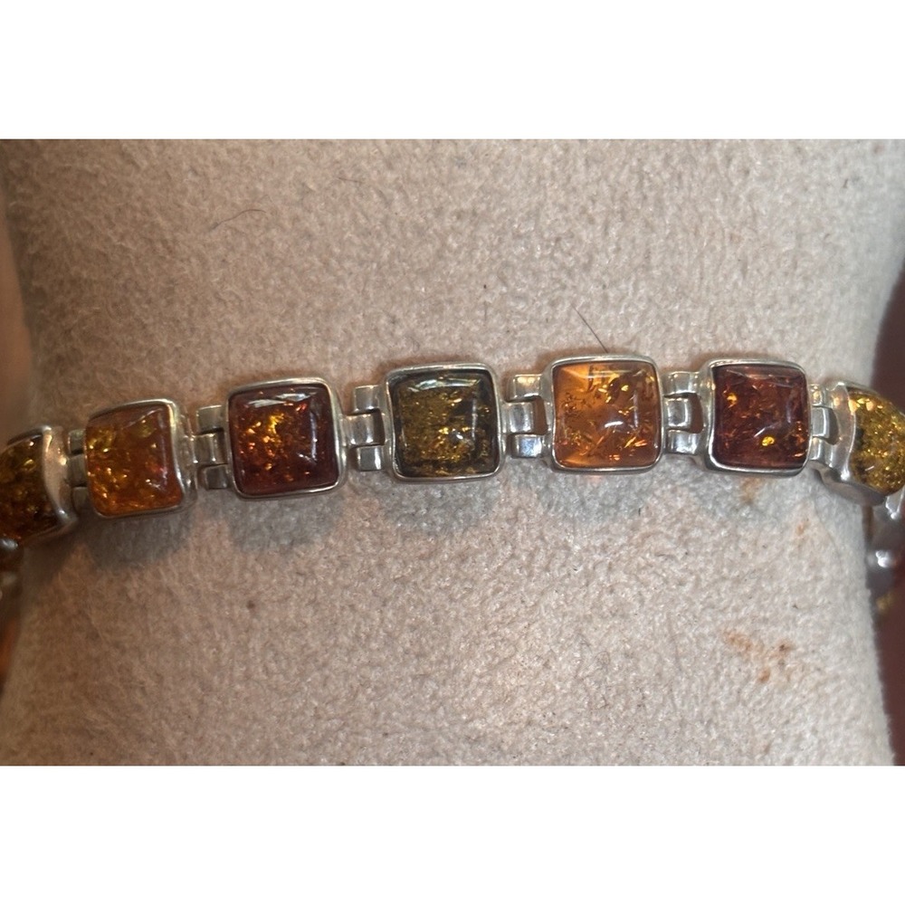 925 Sterling Silver Multicolor Polish Amber Square Link Bracelet 8"